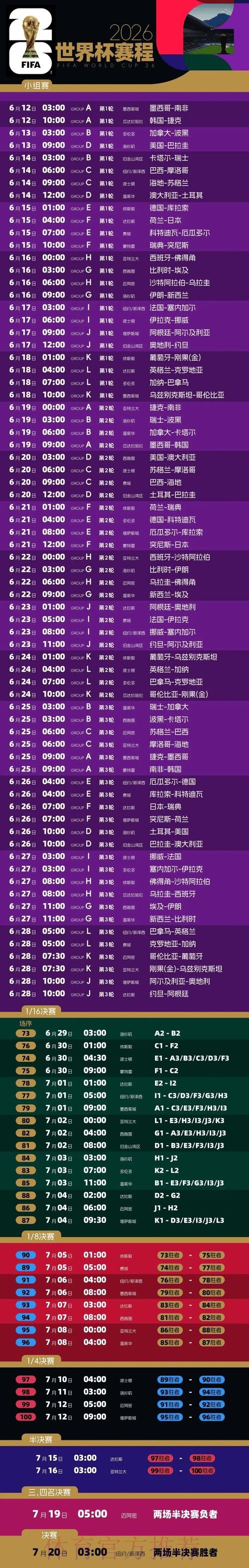 2026世界杯比赛时间完整版实时赛程免费观看